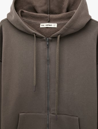 Uzun Kollu Şardonlu Cepli Rahat Kalıp Fermuarlı Kapüşonlu Sweatshirt