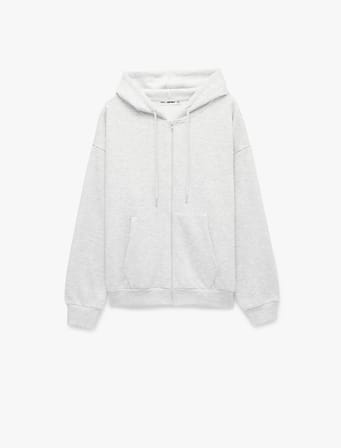 Uzun Kollu Şardonlu Cepli Rahat Kalıp Fermuarlı Kapüşonlu Sweatshirt