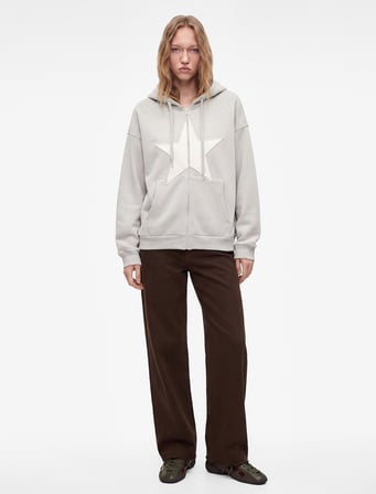 Üç İplik Şardonlu Yıldız İşlemeli Kanguru Cepli Kapüşonlu Fermuarlı Oversize Sweatshirt