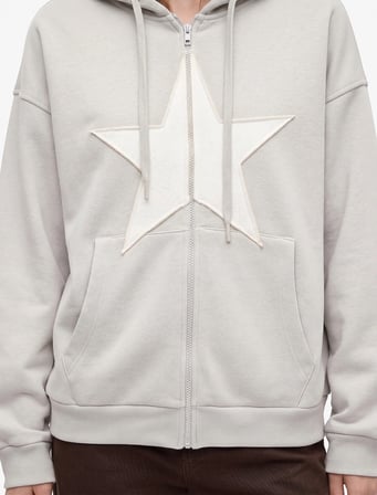 Üç İplik Şardonlu Yıldız İşlemeli Kanguru Cepli Kapüşonlu Fermuarlı Oversize Sweatshirt