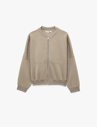 Rahat Kalıp Şardonlu Bomber Yaka Nervürlü Uzun Kollu Fermuarlı Sweatshirt