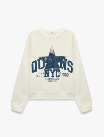 Şardonlu Bisiklet Yaka Uzun Kollu Rahat Kalıp Baskılı Sweatshirt