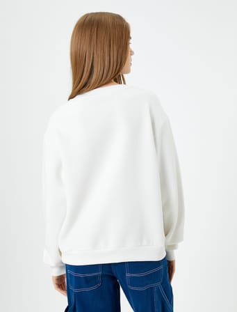 Şardonlu Bisiklet Yaka Uzun Kollu Rahat Kalıp Baskılı Sweatshirt