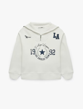 Üç İplik Şardonlu Yarım Fermuarlı Yaka Baskılı Oversize Sweatshirt