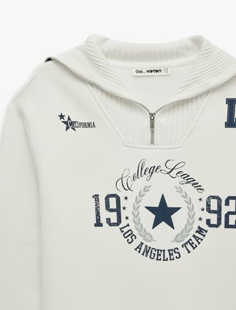 Üç İplik Şardonlu Yarım Fermuarlı Yaka Baskılı Oversize Sweatshirt