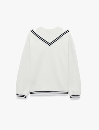 Üç İplik Şardonlu V Yaka Biyeli Atlet Detaylı Uzun Kollu Sweatshirt