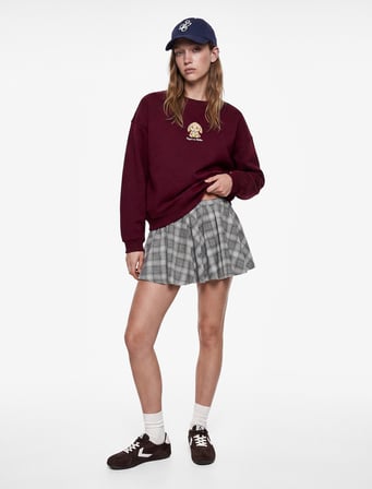 Şardonlu Tavşan Nakışlı Bisiklet Yaka Uzun Kollu Oversize Sweatshirt