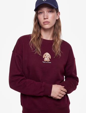 Şardonlu Tavşan Nakışlı Bisiklet Yaka Uzun Kollu Oversize Sweatshirt