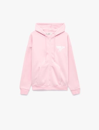 Rahat Kalıp Şardonlu Arkası Fiyonk Baskılı Cepli Fermuarlı Kapüşonlu Sweatshirt