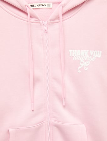 Rahat Kalıp Şardonlu Arkası Fiyonk Baskılı Cepli Fermuarlı Kapüşonlu Sweatshirt