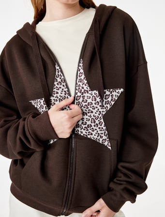Cep Detaylı Şardonlu Leopar İşlemeli Kapüşonlu Fermuarlı Sweatshirt