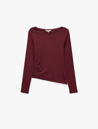 Pamuklu Asimetrik Kayık Yaka Kolsuz Slim Fit Uzun Kollu Tişört