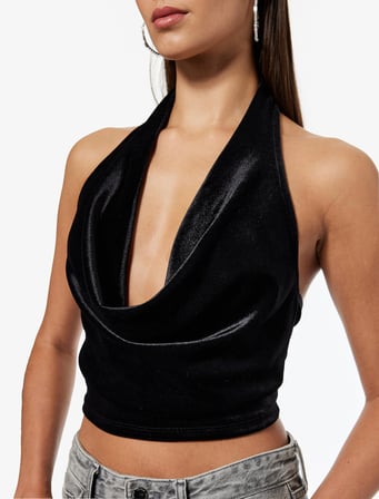 Slim Fit Kadife Degaje Yaka Kolsuz Crop Bluz