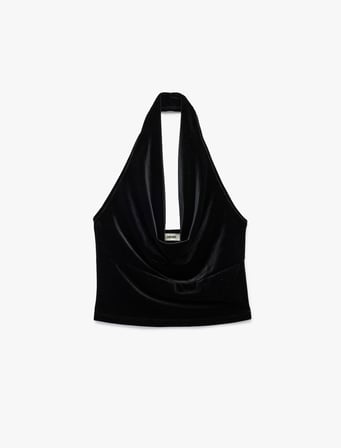 Slim Fit Kadife Degaje Yaka Kolsuz Crop Bluz