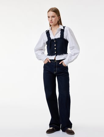Pamuklu Uzun Kollu Klasik Yaka Katmanlı Düğme Detaylı Slim Fit Crop Bluz