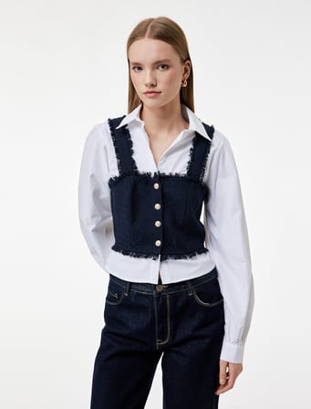 Pamuklu Uzun Kollu Klasik Yaka Katmanlı Düğme Detaylı Slim Fit Crop Bluz