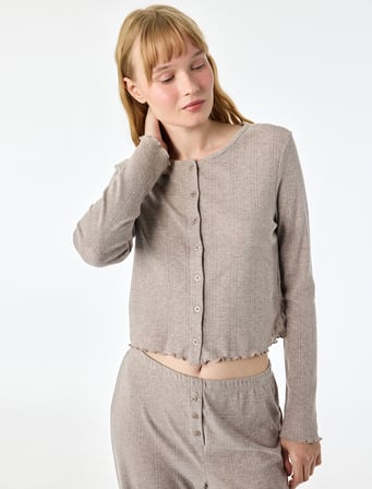 Viskon ve Pamuk Karışımlı Düğme Detaylı Bisiklet Yaka Uzun Kollu Pijama Üstü