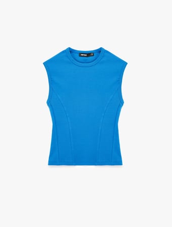 Pamuklu Bisiklet Yaka Slim Fit Kolsuz Bel Vurgulu Kobalt Mavi Tişört