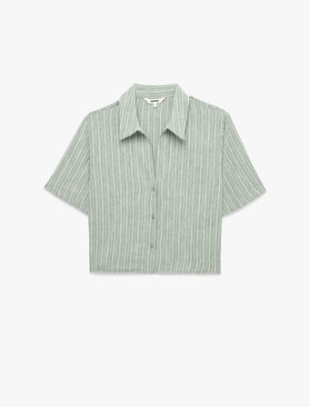 Regular Fit Kaçık Yaka Kısa Kollu Crop Gömlek