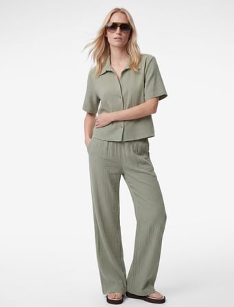 Regular Fit Kaçık Yaka Kısa Kollu Dokulu Crop Gömlek