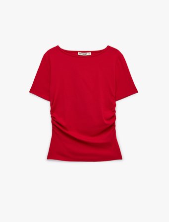 Kayık Yaka Kısa Kollu Slim Fit Pamuklu Büzgülü Tişört