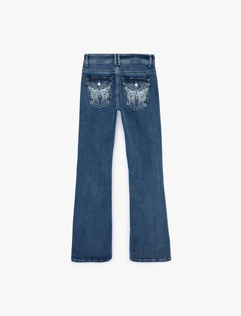 Pamuklu Düşük Bel İspanyol Paça Kelebek Nakışlı Denim Pantolon - Flare Jeans
