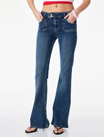 Düğme Detaylı Düşük Bel Pamuklu İspanyol Paça Denim Pantolon - Flare Jeans