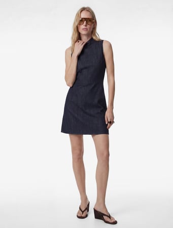 Dik Yaka Kolsuz Mini Denim Elbise