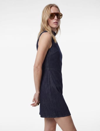Dik Yaka Kolsuz Mini Denim Elbise
