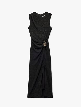 Metal Aksesuarlı Slim Fit Kolsuz Bisiklet Yaka Uzun Elbise