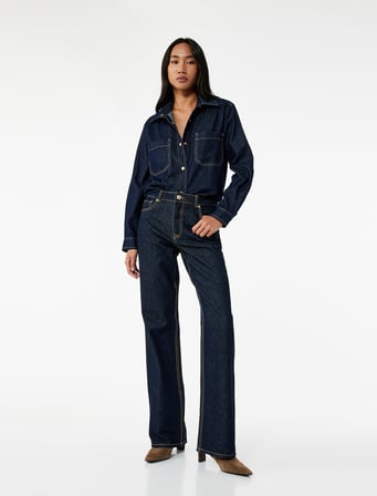 Normal Bel Cepli Düğmeli Düz Paça Pamuklu Denim Pantolon - Straight Fit Jean