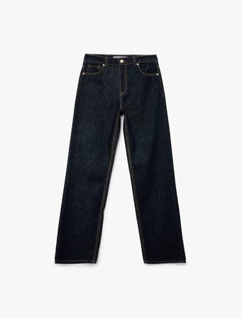 Normal Bel Cepli Düğmeli Düz Paça Pamuklu Denim Pantolon - Straight Fit Jean