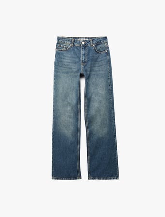 Normal Bel Cepli Düğmeli Düz Paça Pamuklu Denim Pantolon - Straight Fit Jean
