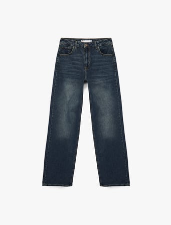 Normal Bel Cepli Düğmeli Düz Paça Pamuklu Denim Pantolon - Straight Fit Jean