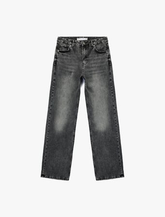 Pamuklu Normal Kesim Düğmeli Düz Paça Yıkamalı Denim Pantolon - Straight Fit Jean