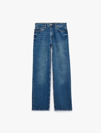 Pamuklu Normal Kesim Düğmeli Düz Paça Yıkamalı Denim Pantolon - Straight Fit Jean