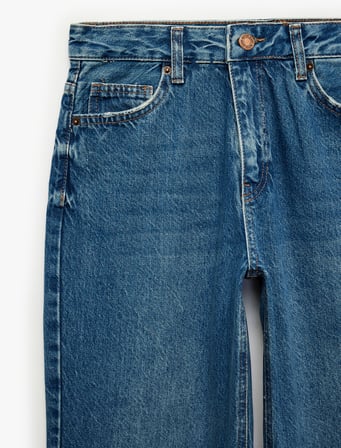 Pamuklu Normal Kesim Düğmeli Düz Paça Yıkamalı Denim Pantolon - Straight Fit Jean