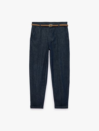 Kemerli Yüksek Bel Rahat Kalıp Chino Denim Pantolon