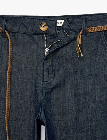 Kemerli Yüksek Bel Rahat Kalıp Chino Denim Pantolon