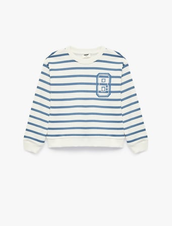 Uzun Kollu Bisiklet Yaka Baskı Detaylı Çizgili Sweatshirt