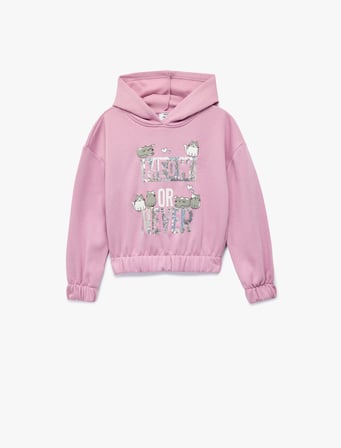 Pullu Payetli Kedi Baskılı Uzun Kollu Kapşonlu Sweatshirt
