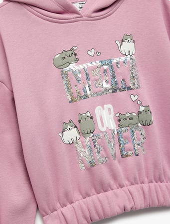 Pullu Payetli Kedi Baskılı Uzun Kollu Kapşonlu Sweatshirt
