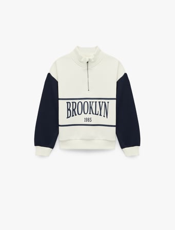 Şardonlu Renk Bloklu Yarım Fermuarlı Uzun Kollu Oversize Sweatshirt