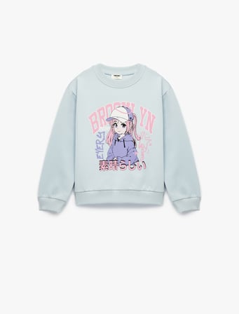 Uzun Kollu Bisiklet Yaka Anime Baskılı Sweatshirt
