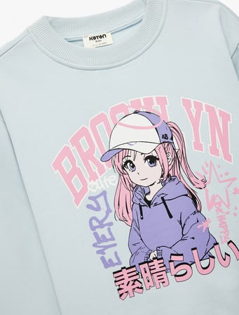 Uzun Kollu Bisiklet Yaka Anime Baskılı Sweatshirt