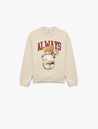 Ayıcık Baskılı Pamuklu Uzun Kollu Bisiklet Yaka Sweatshirt