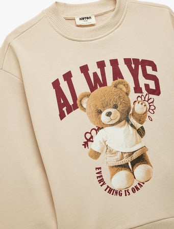Ayıcık Baskılı Pamuklu Uzun Kollu Bisiklet Yaka Sweatshirt