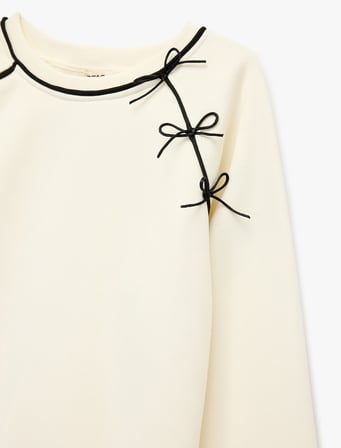 Fiyonk Detaylı Uzun Kollu Bisiklet Yaka Şardonlu Sweatshirt