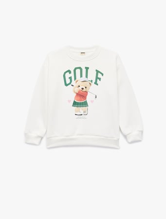 Uzun Kollu Bisiklet Yaka Şardonlu Ayıcık Baskılı Sweatshirt