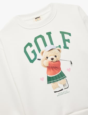 Uzun Kollu Bisiklet Yaka Şardonlu Ayıcık Baskılı Sweatshirt